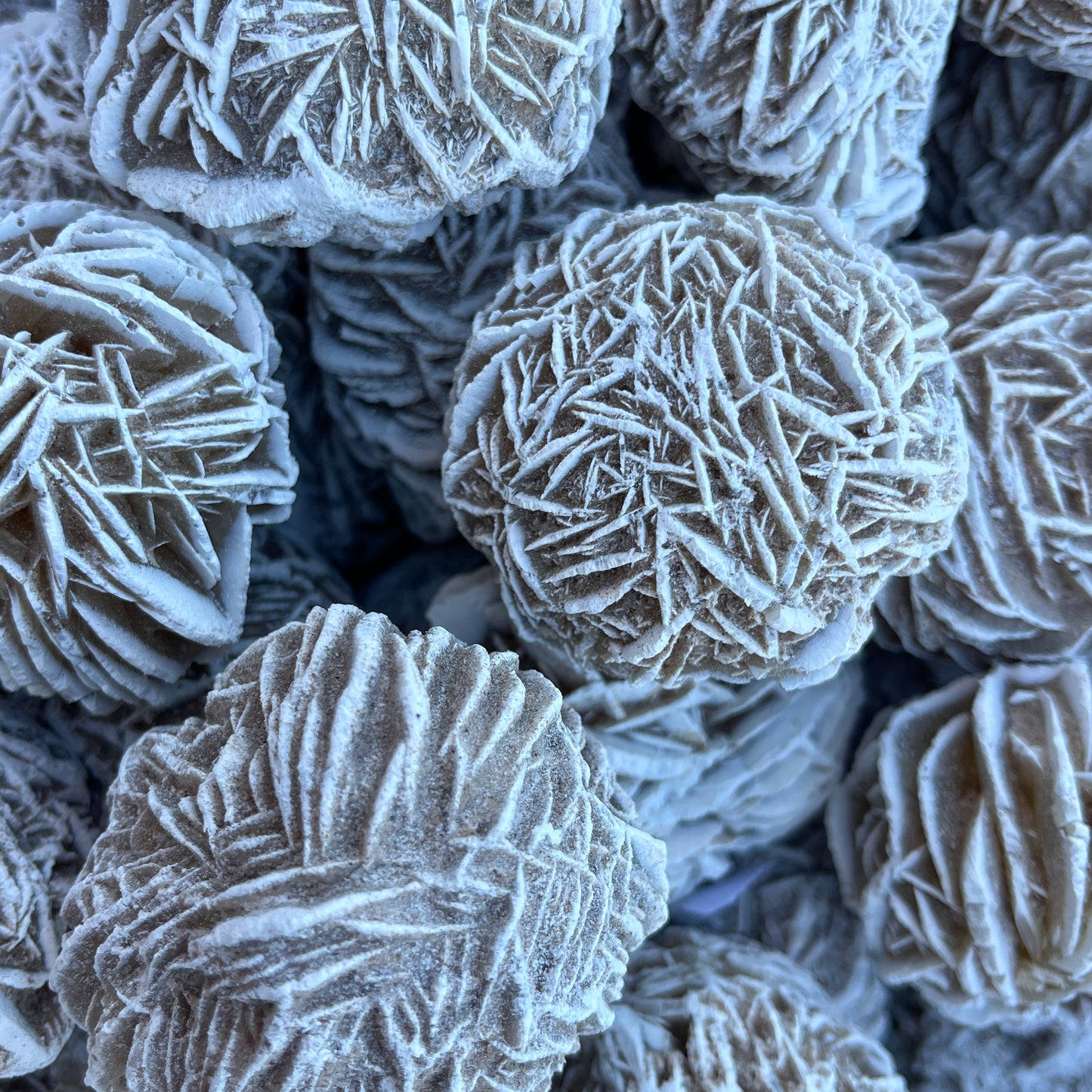 A cluster of white desert rose selenite stones