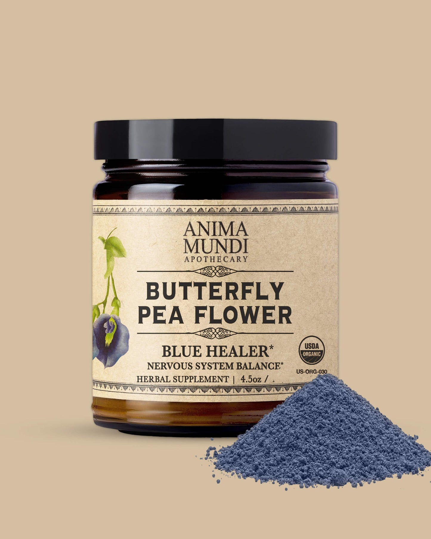 Jar of Anima Mundi Apothecary Butterfly Pea Flower supplement on a beige background