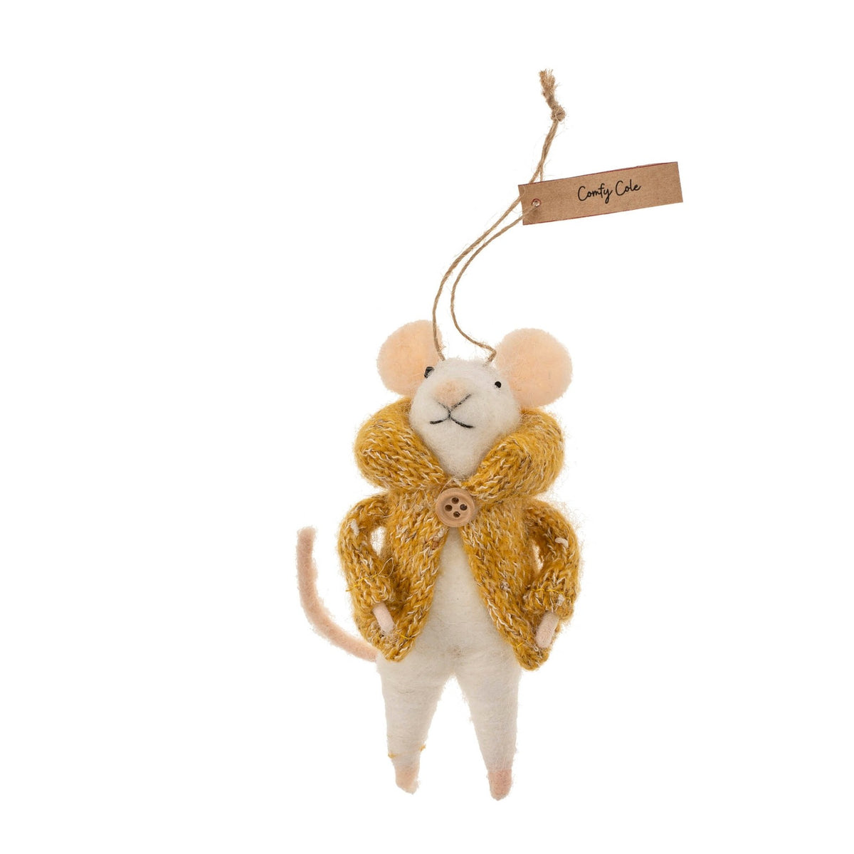 Felt mouse ornament with a yellow sweater and bow tie, hanging on a white background.