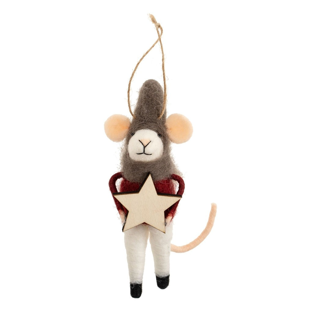 Felt mouse ornament holding a star on a white background