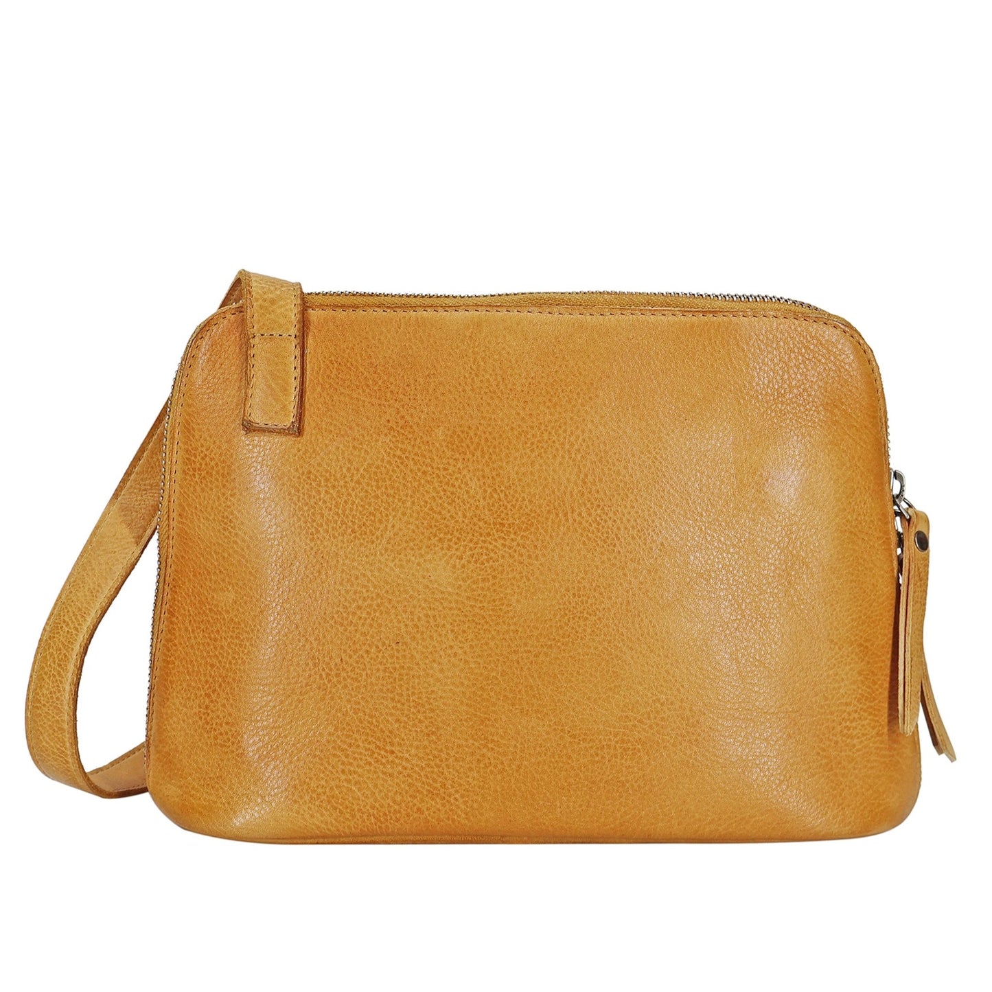 Yellow leather crossbody bag on a white background