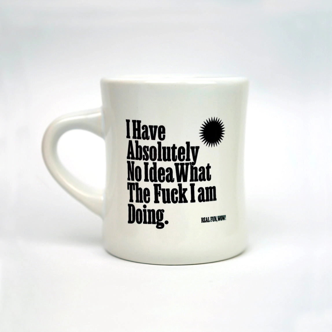 White mug with black text and design on a white background