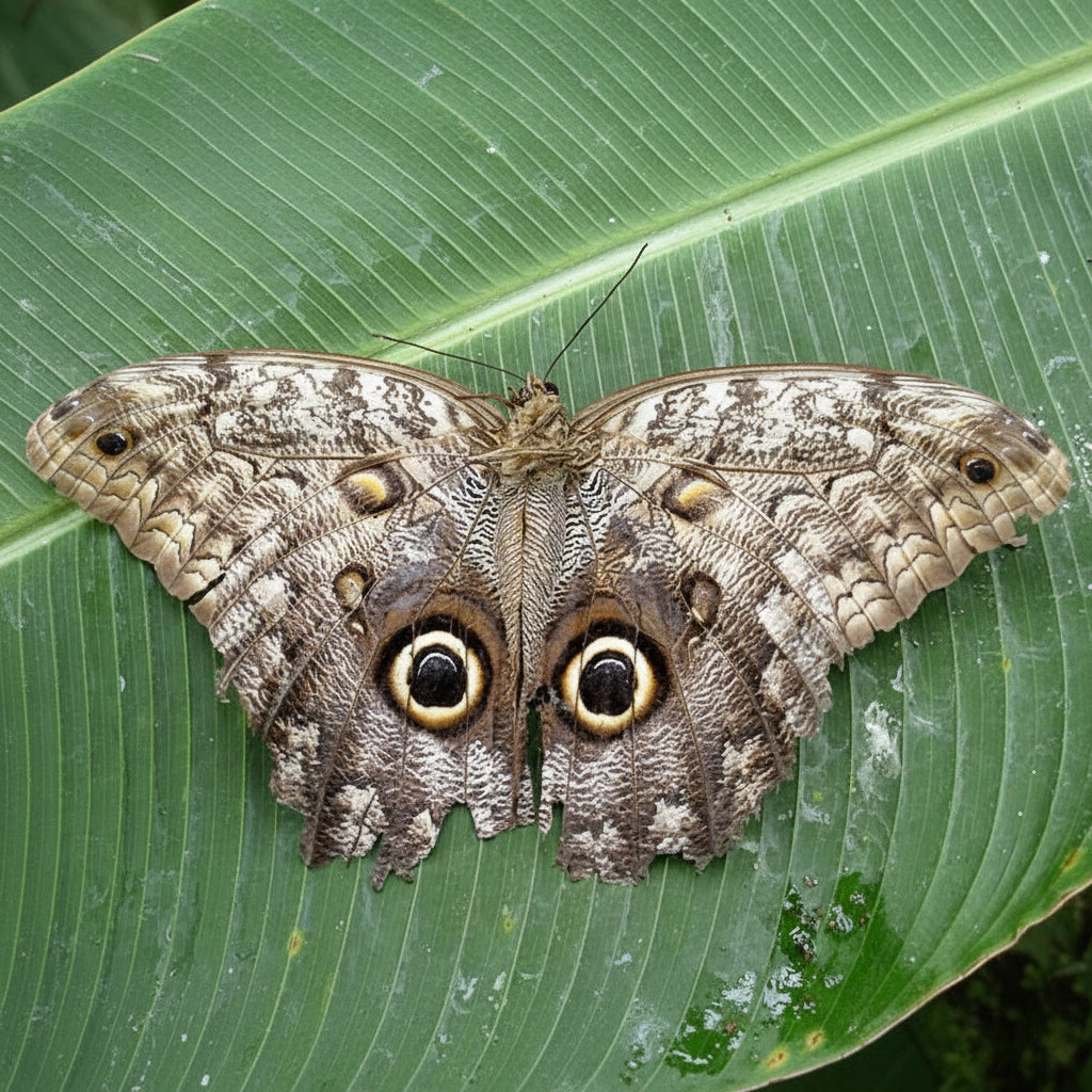 Owl butterfly on green leaf