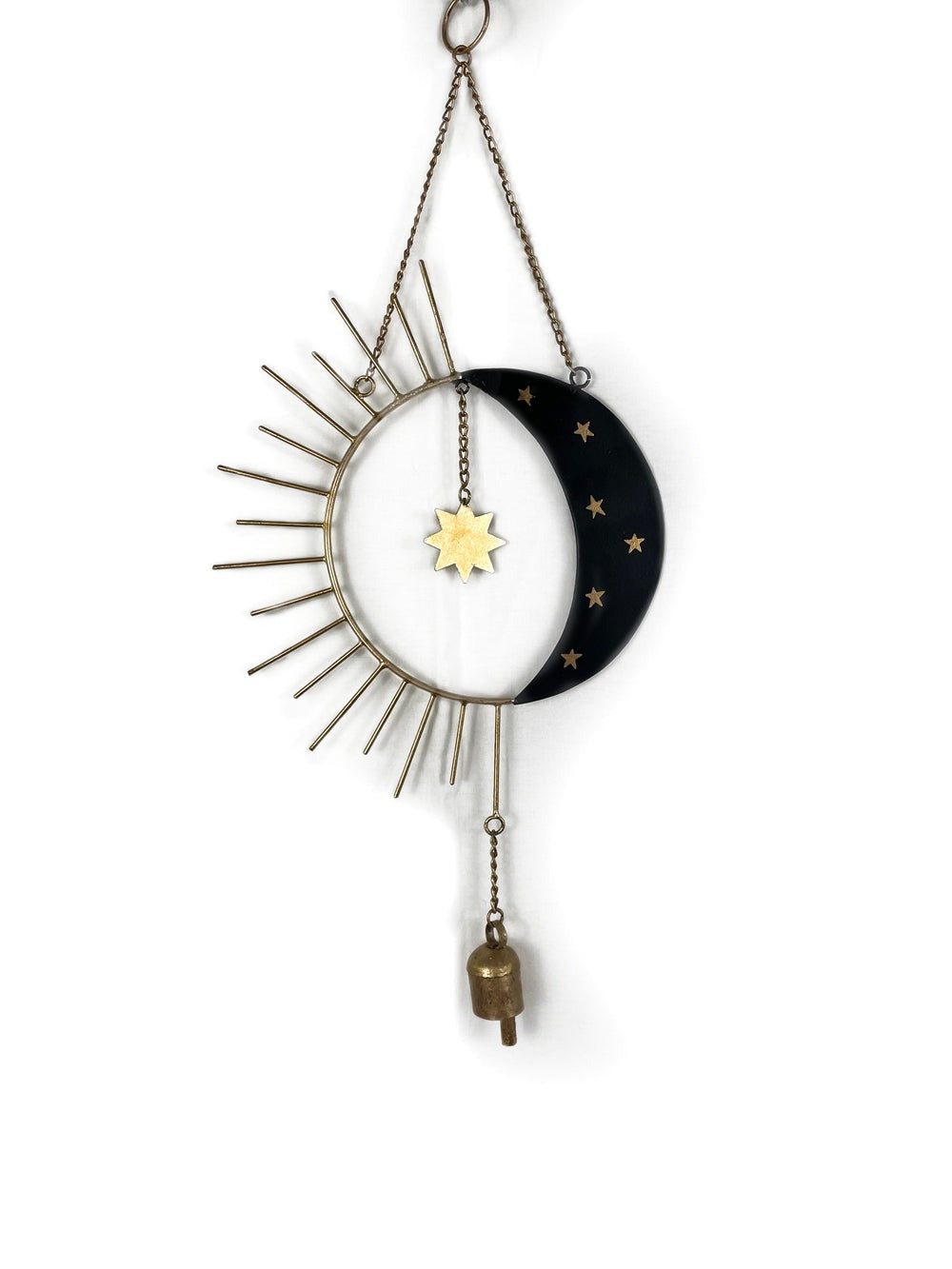 A metal wind chime featuring a black moon with small gold stars, a sun outline with golden rays, and a hanging star in the center, with metal chimes.