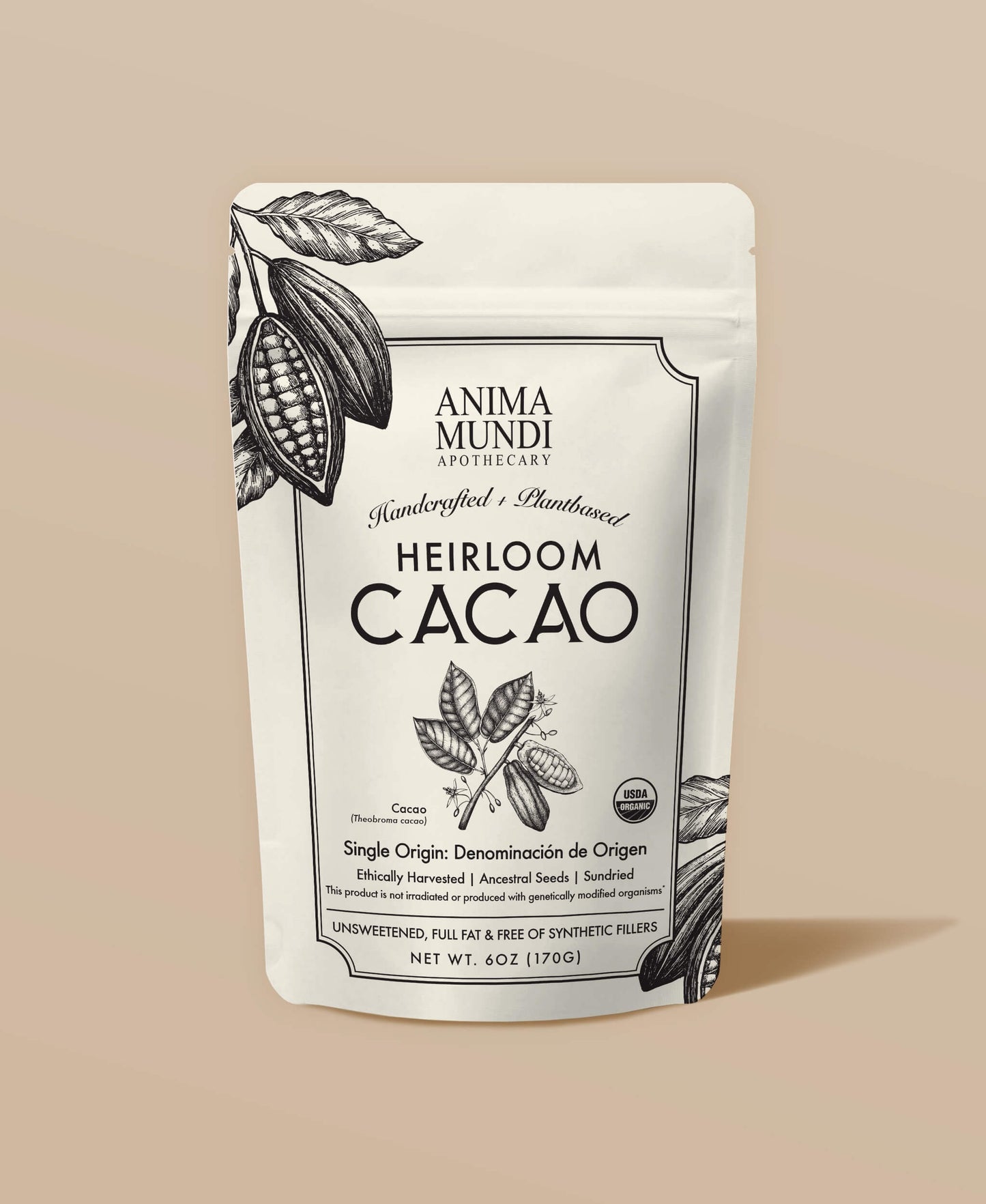 Anima Mundi Heirloom Cacao packaging on a beige background