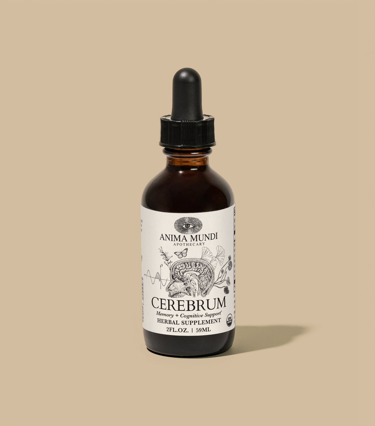 Bottle of Anima Mundi Cerebrum herbal supplement on a beige background
