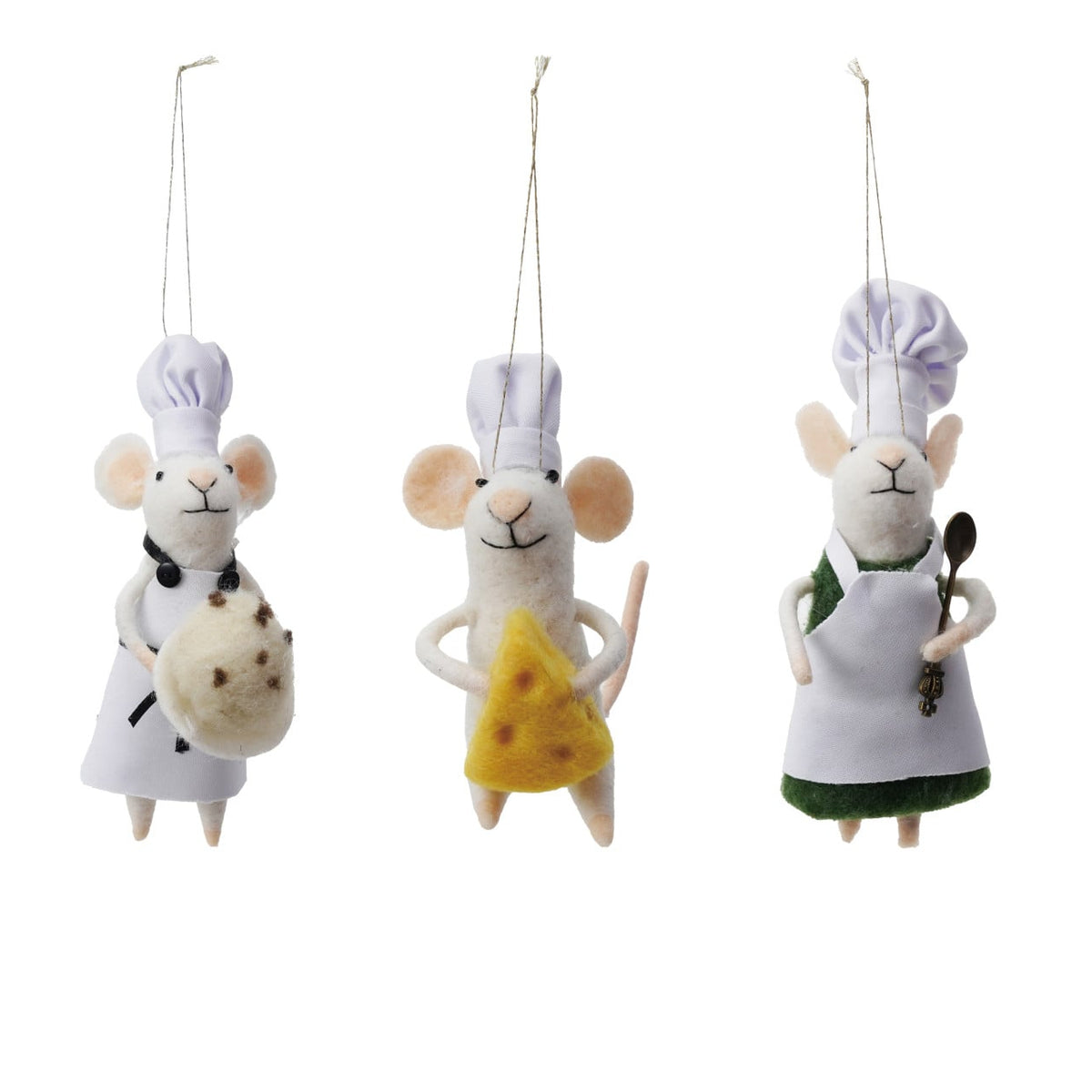 Three plush mouse toys dressed as chefs with a white background