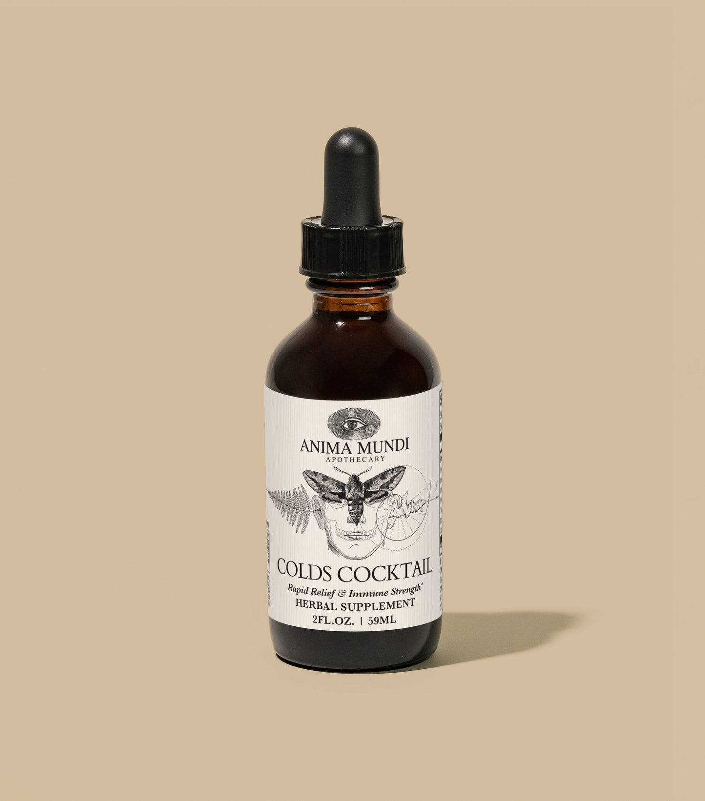 Bottle of Anima Mundi Colds Cocktail on a beige background