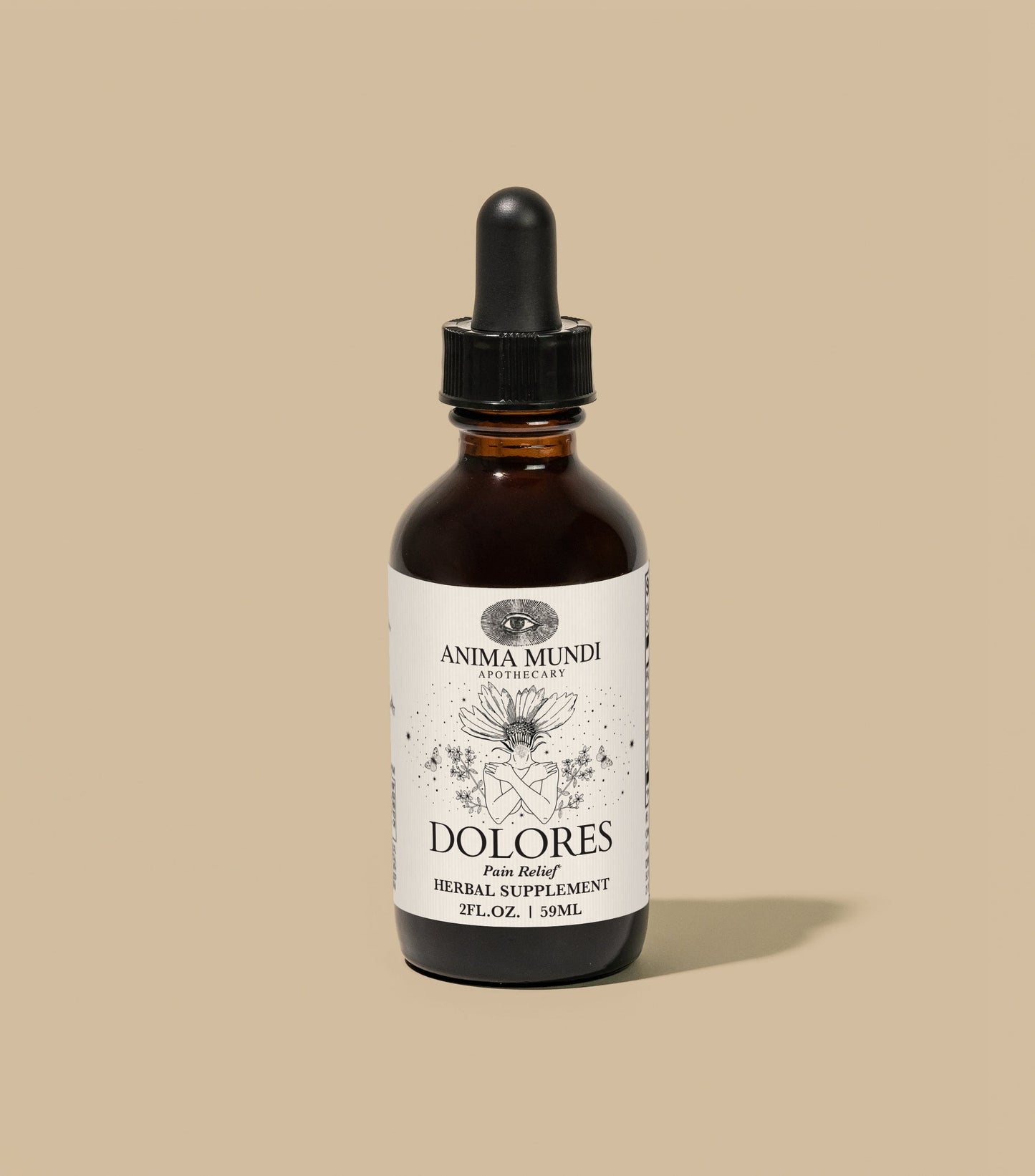 Bottle of Anima Mundi Dolores herbal supplement on a beige background