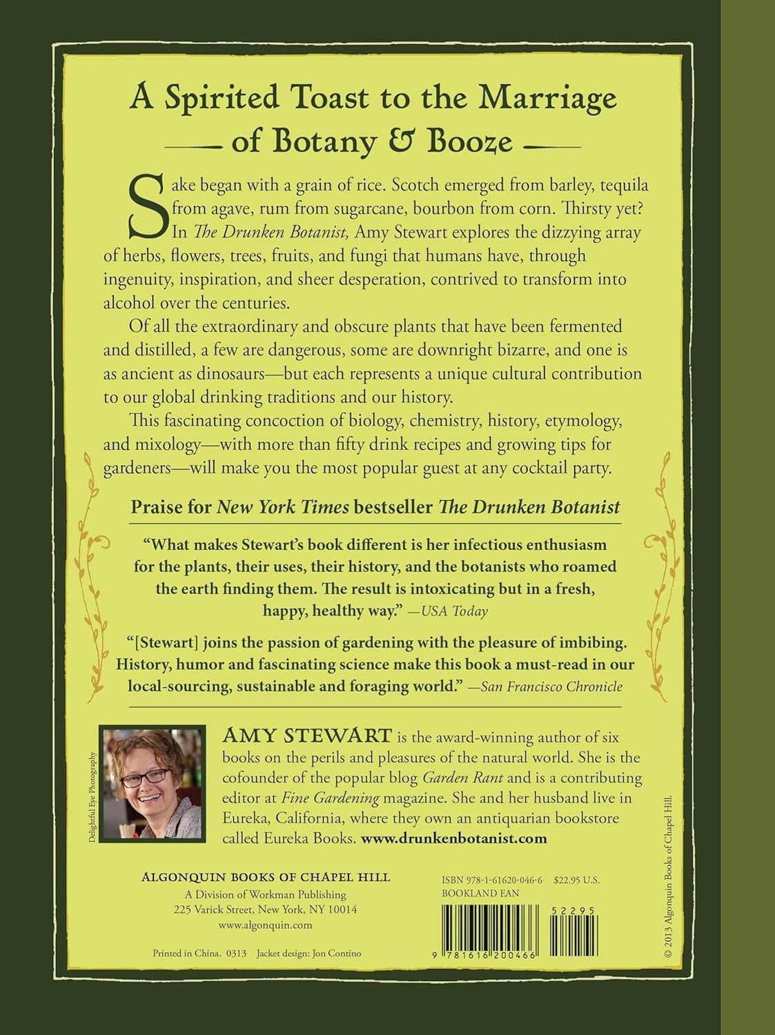 Book cover of 'A Spirited Toast to the Marriage of Botany & Booze' with text and a photo of the author.