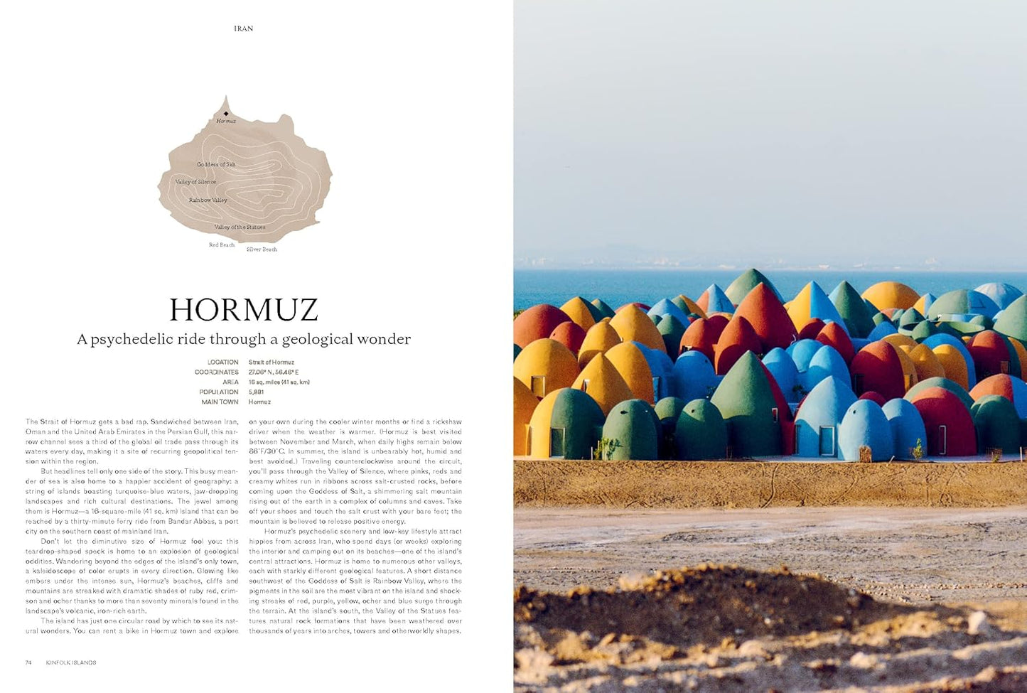 Magazine layout with text on the left and colorful architectural structures on the right, set against a clear sky.