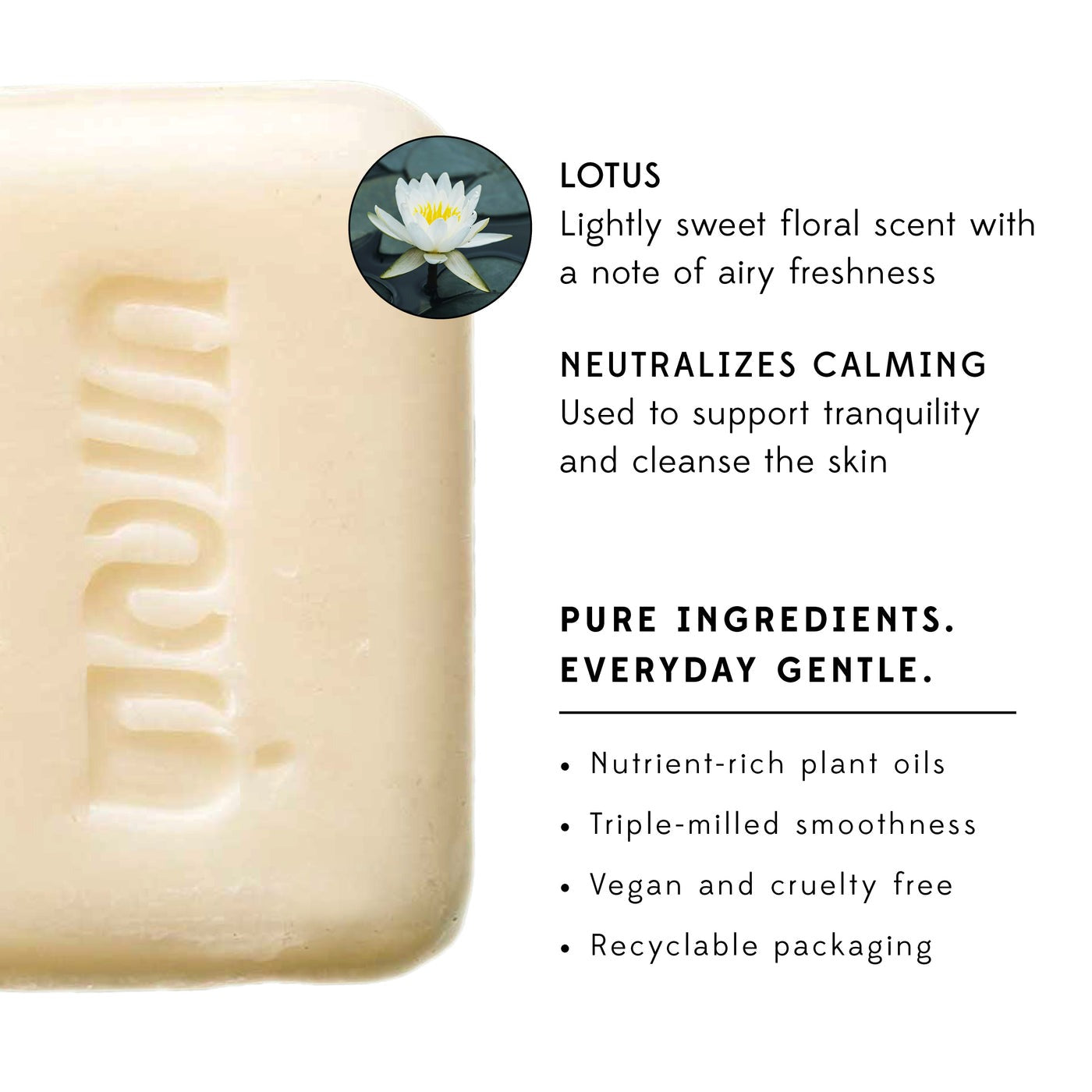 Bar of soap with Lotus scent description on a white background