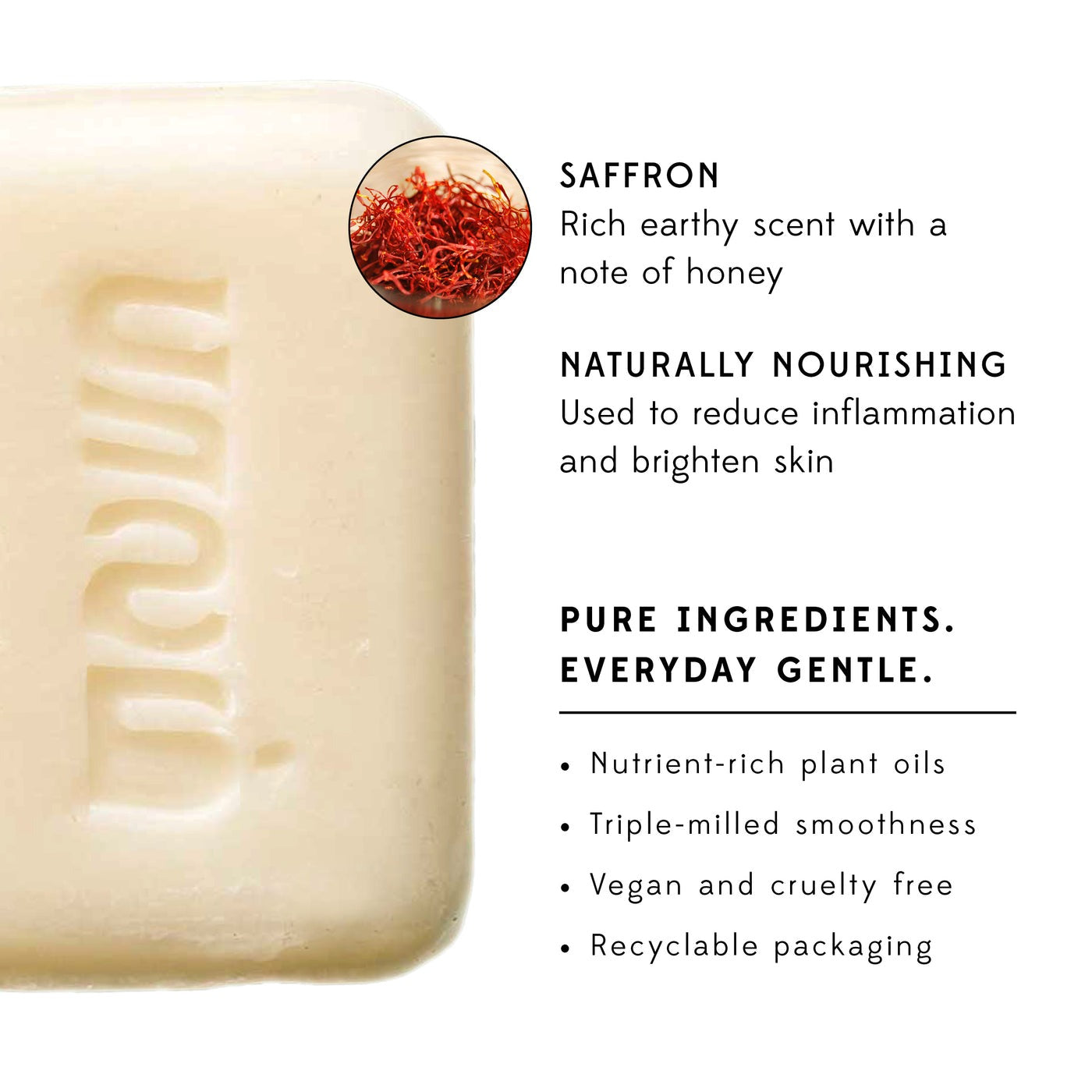 Bar of soap with saffron details and product information on a white background