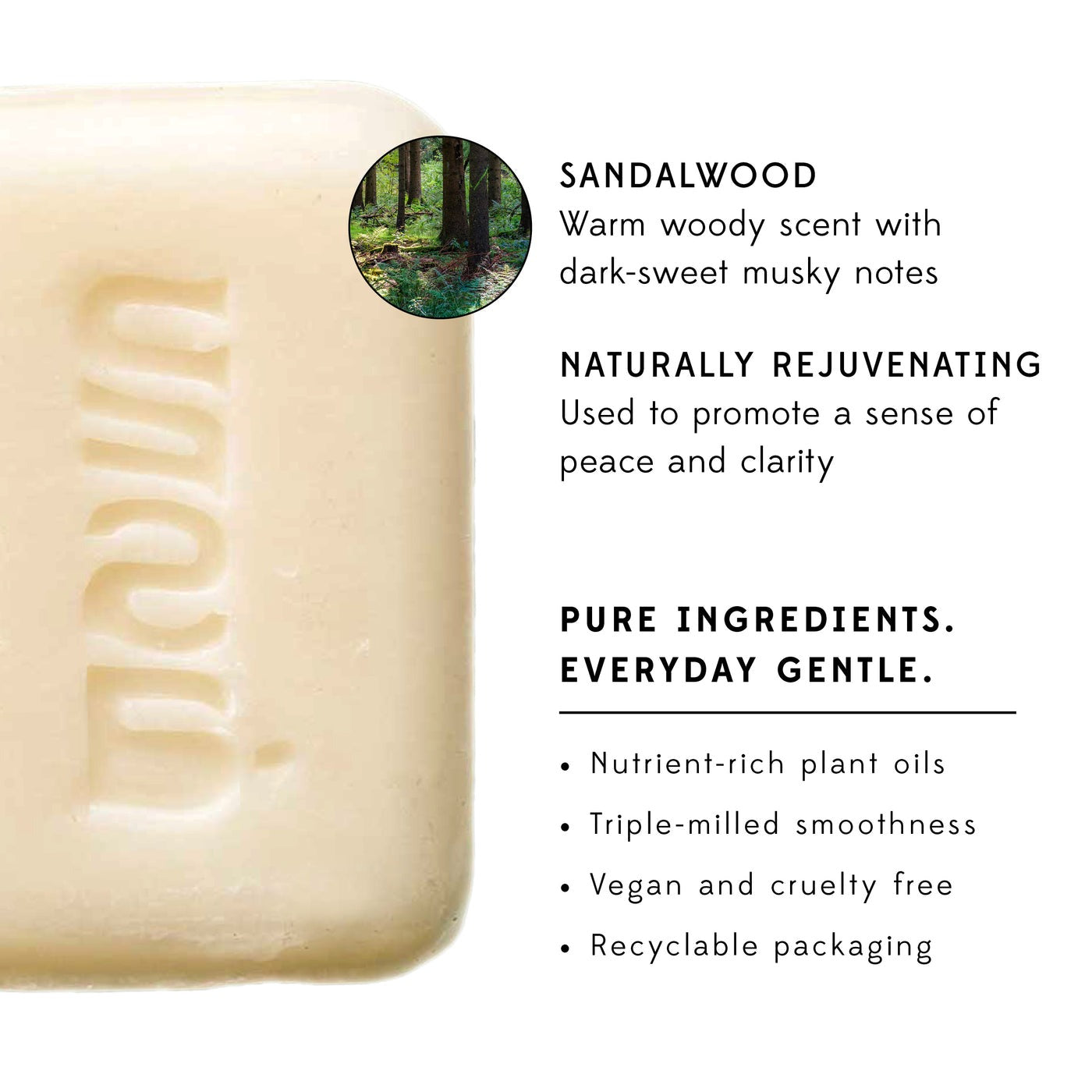 Bar of soap with sandalwood description and features on a white background
