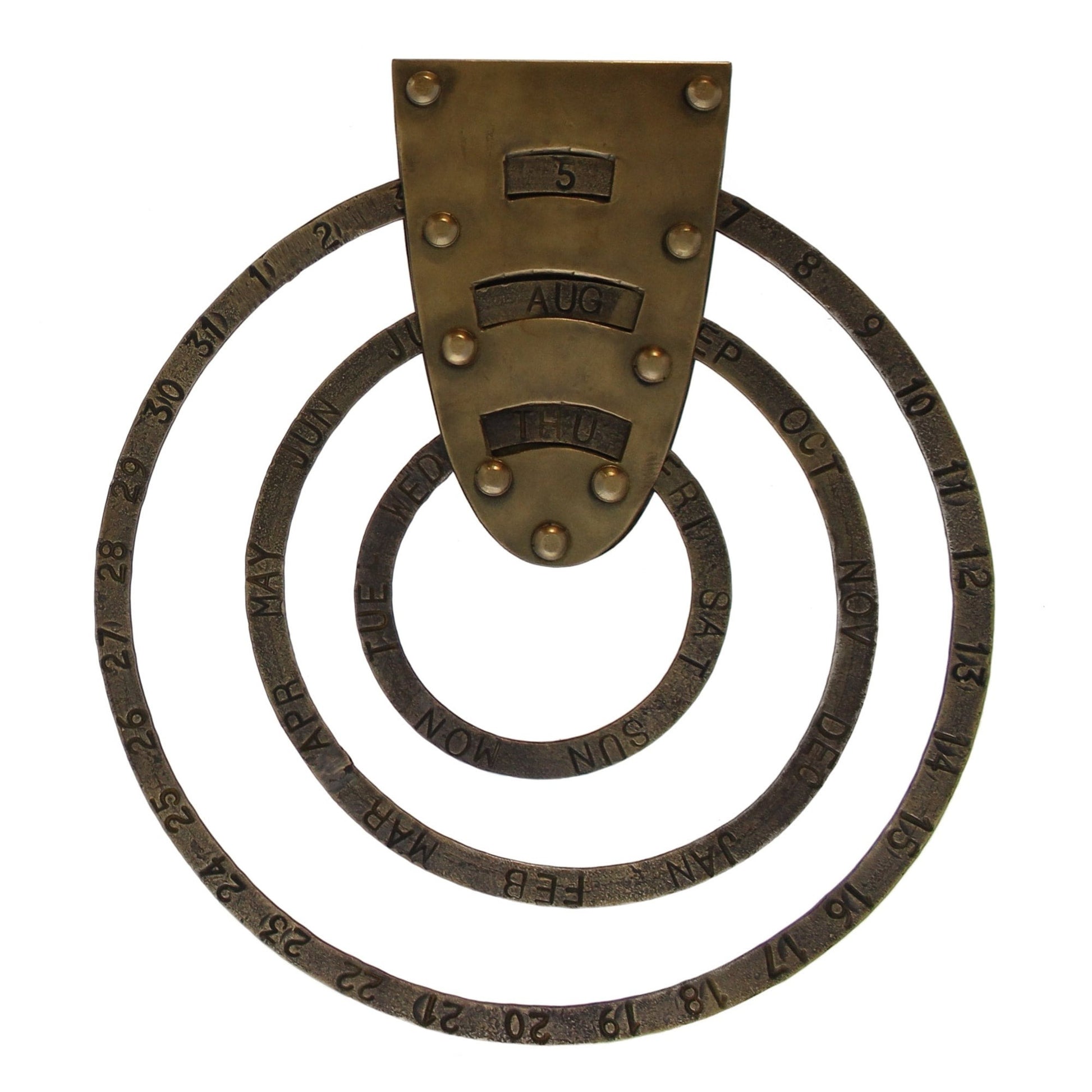 Brass colored perpetual Calendar on white background