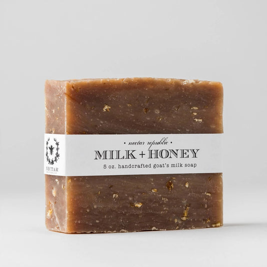 Bar of soap labeled 'Milk + Honey' with a white background