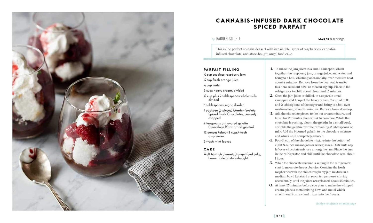Cannabis-infused dark chocolate spiced parfait with a recipe on a marble surface