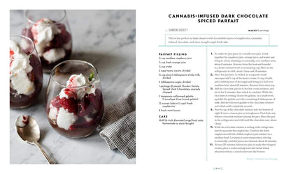 Cannabis-infused dark chocolate spiced parfait with a recipe on a marble surface