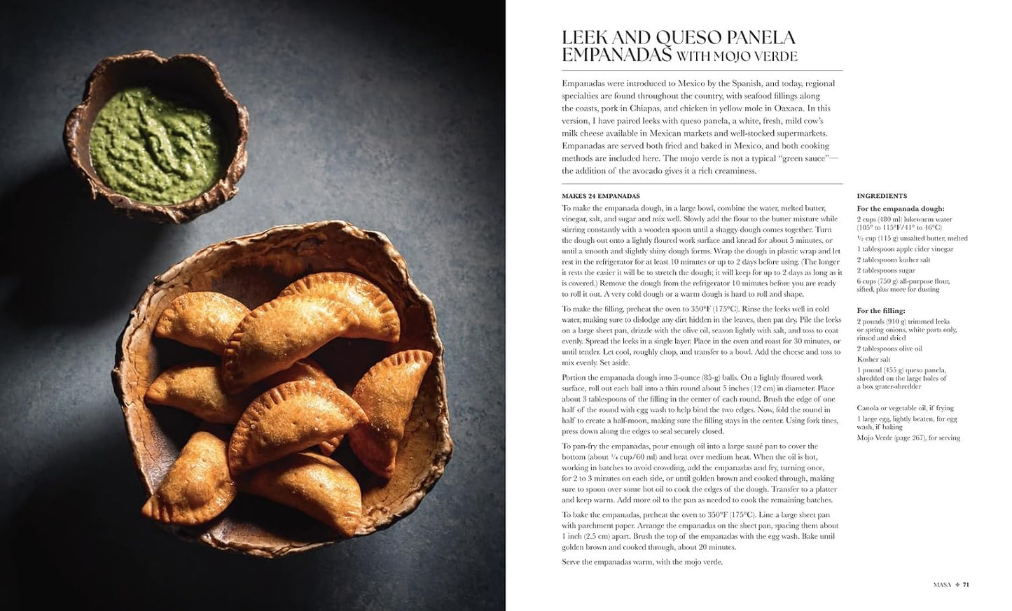 Bowl of empanadas with a side of green sauce on a dark surface, next to text about 'Leek and Queso Panela Empanadas with Salsa Verde'.