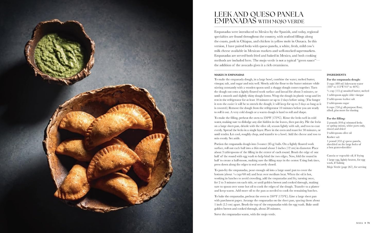 Bowl of empanadas with a side of green sauce on a dark surface, next to text about 'Leek and Queso Panela Empanadas with Salsa Verde'.