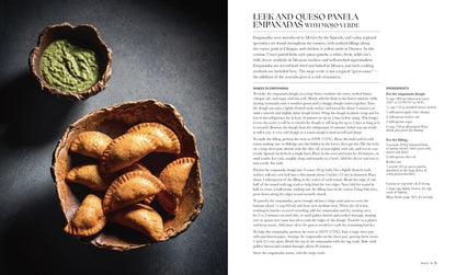 Bowl of empanadas with a side of green sauce on a dark surface, next to text about 'Leek and Queso Panela Empanadas with Salsa Verde'.