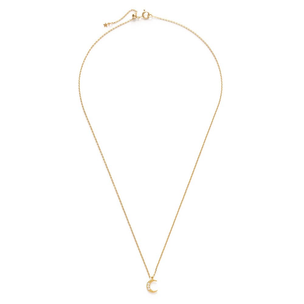 Gold necklace with a crescent moon pendant on a white background