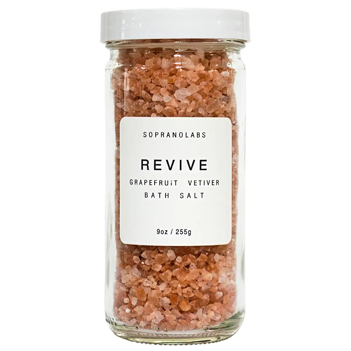 Jar of Sopranolabs Revive grapefruit vetiver bath salt on a white background