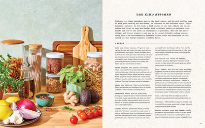 Cookbook page with kitchen setup and text on a light green background