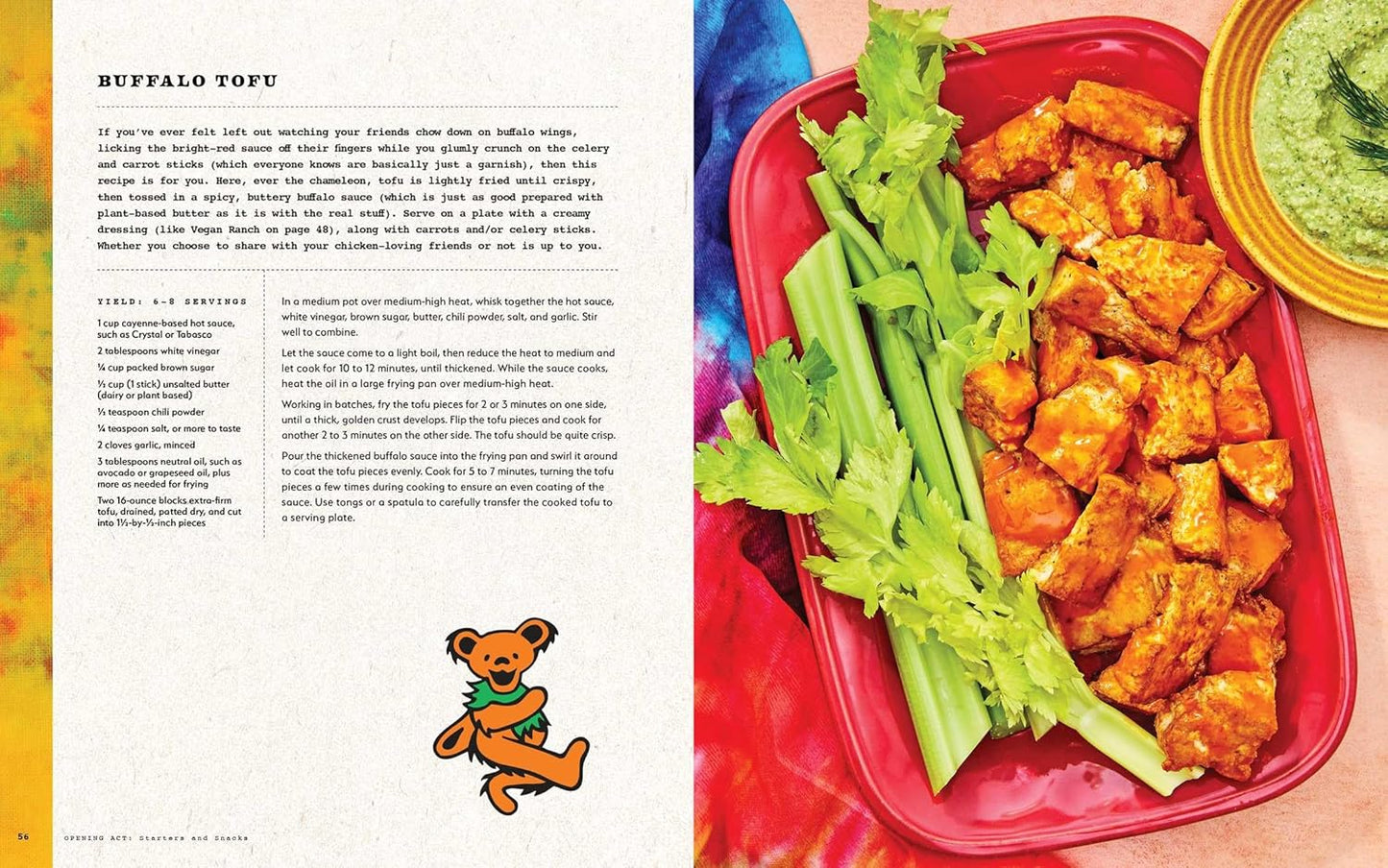 Buffalo tofu dish with celery and a side of green sauce on a pink tray, next to a recipe text.