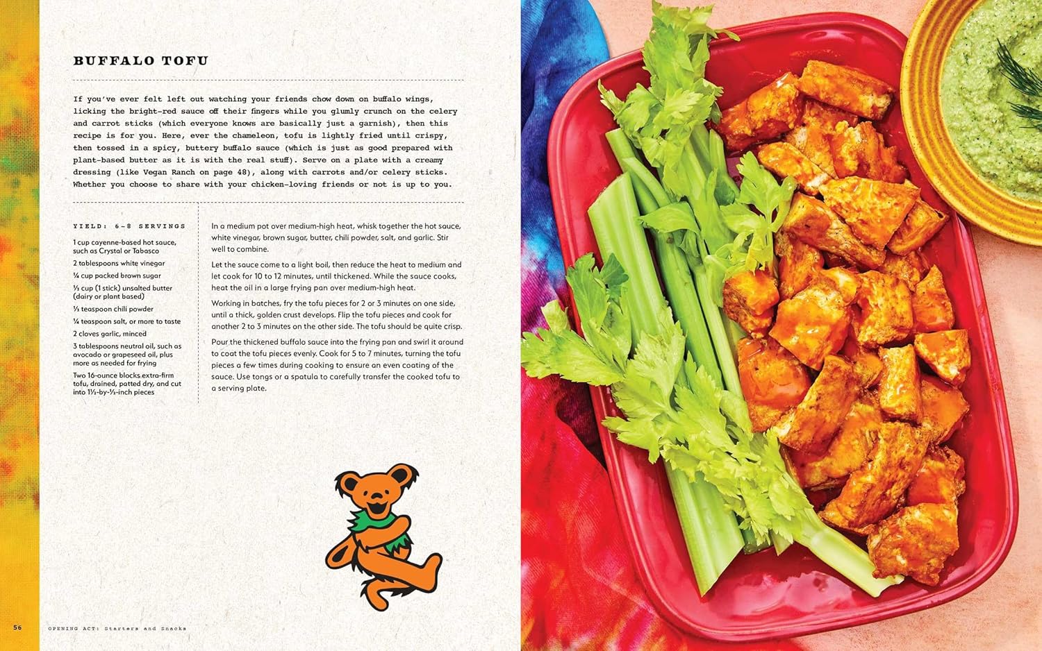 Buffalo tofu dish with celery and a side of green sauce on a pink tray, next to a recipe text.