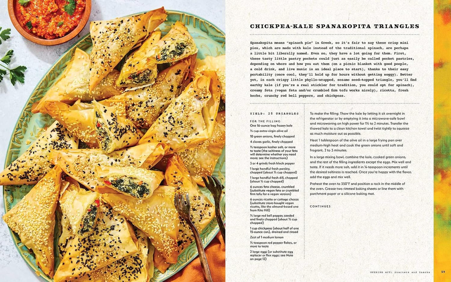 Chickpea-Sale Spanakopita triangles on a plate with recipe text on the side.