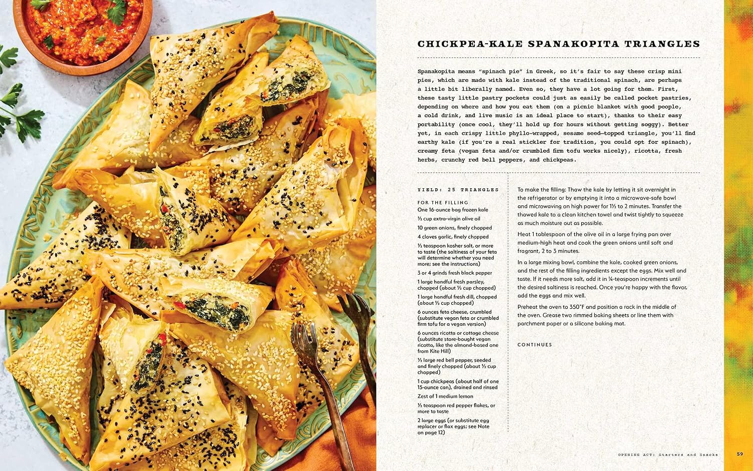 Chickpea-Sale Spanakopita triangles on a plate with recipe text on the side.
