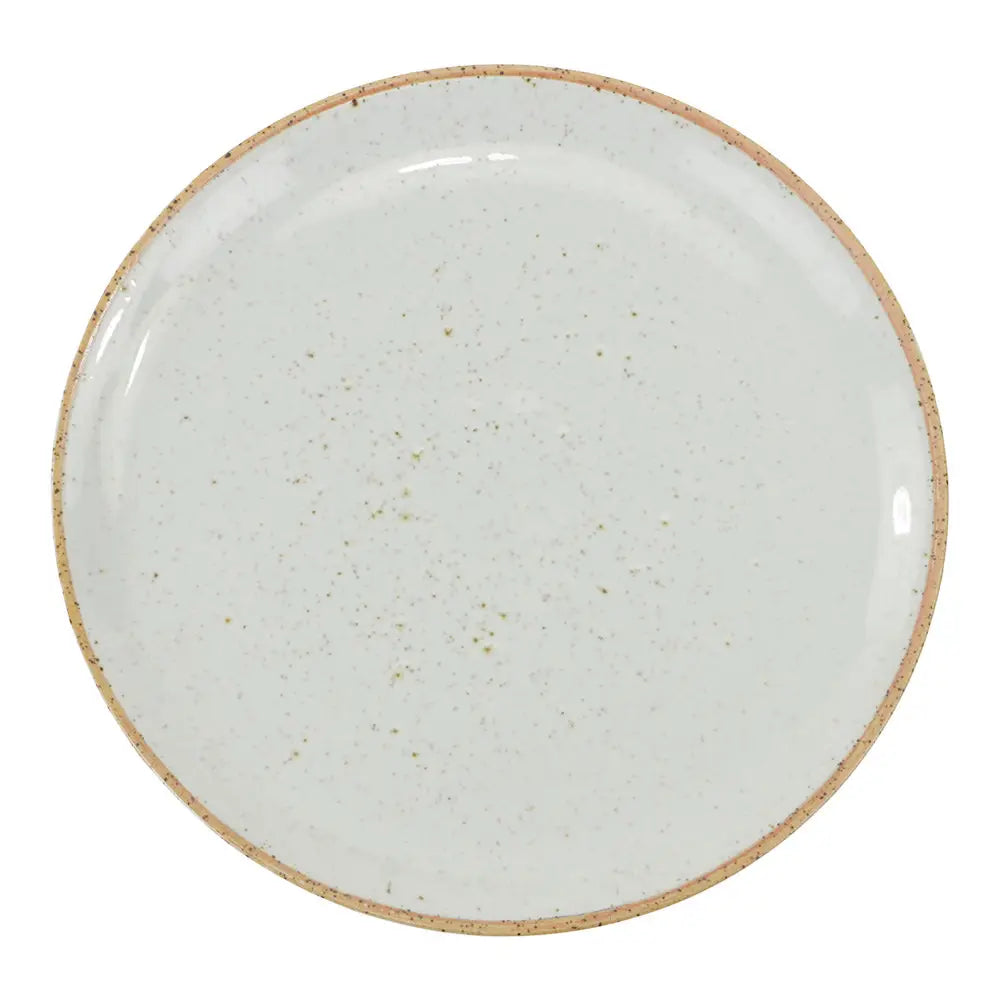Round ceramic plate with a speckled pattern on a white background