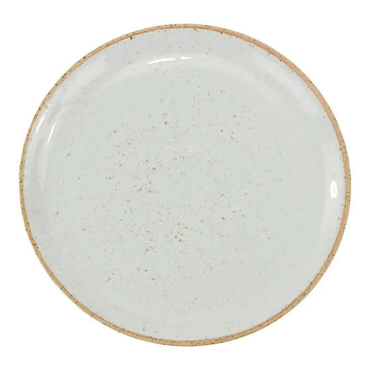 Round ceramic plate with a speckled pattern on a white background
