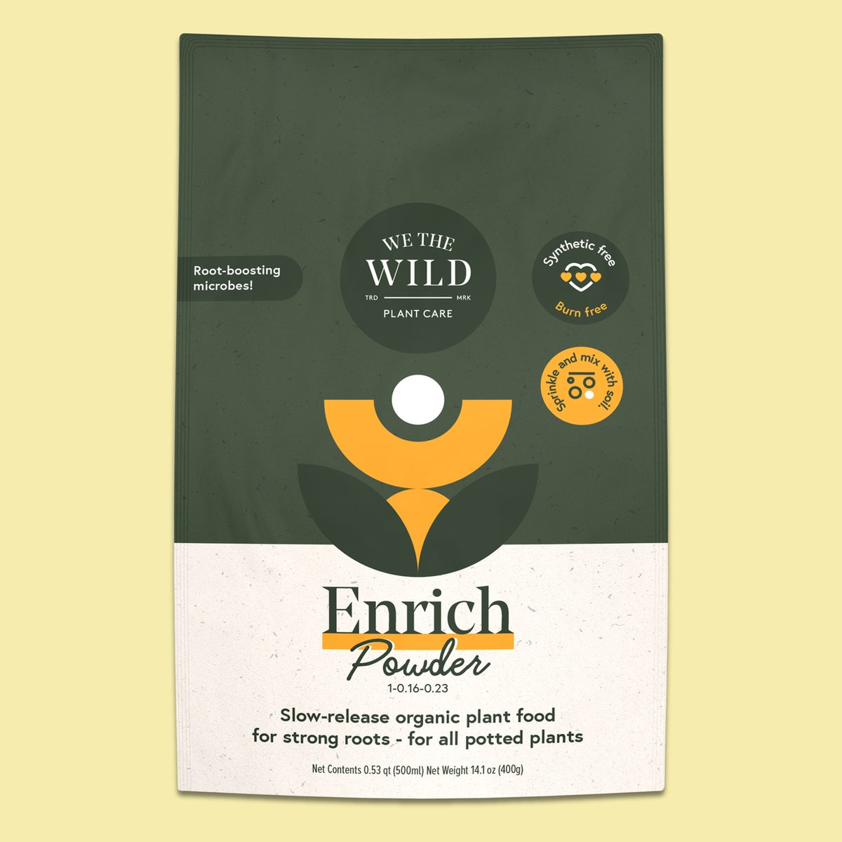A package of Enrich Powder plant food by We The Wild, featuring a dark green and white design with a stylized yellow plant logo, set against a pale yellow background.