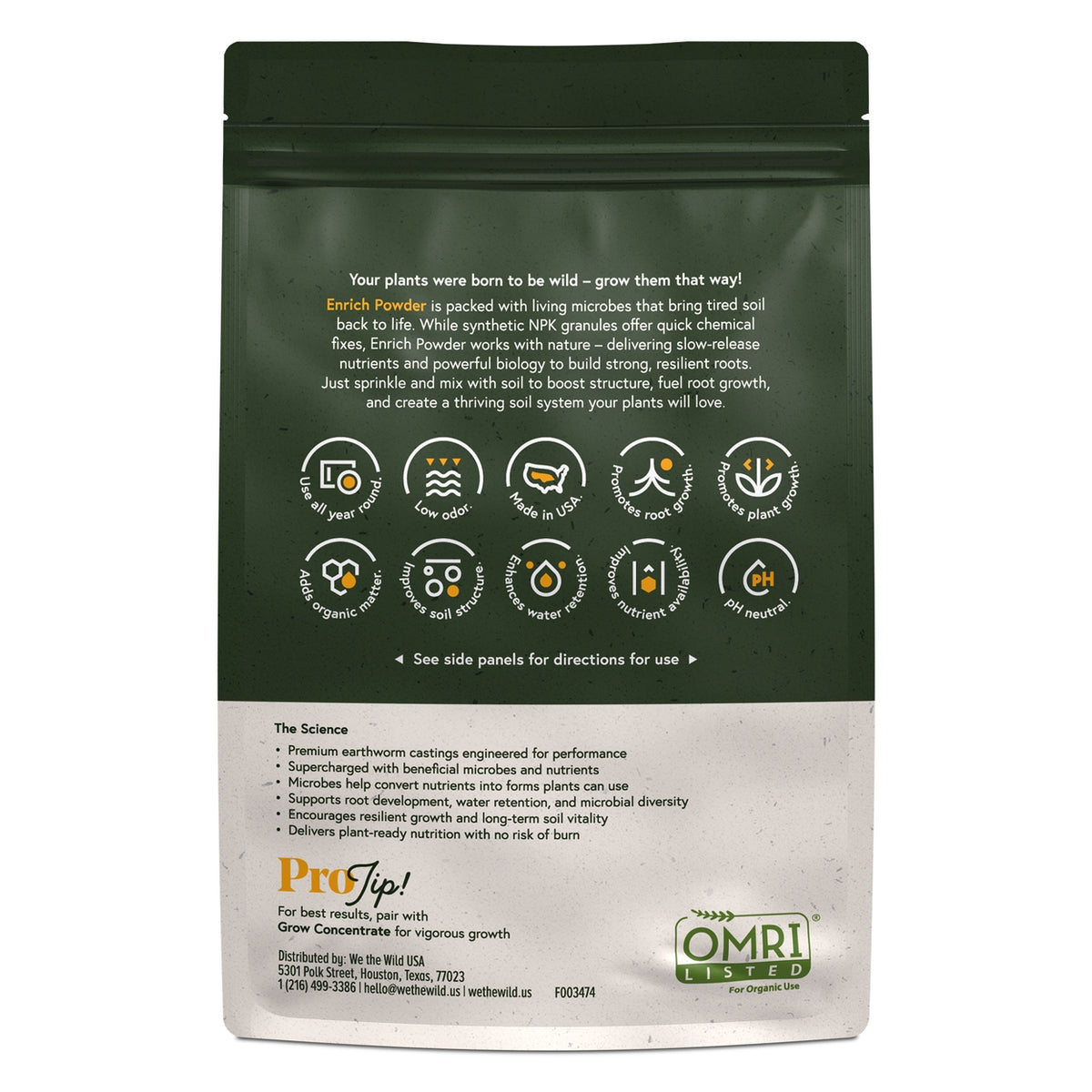 The back of a dark green and white resealable pouch of Enrich Powder plant growth promoter, featuring product benefits, application icons, scientific text, and the ProTip and OMRI logos.