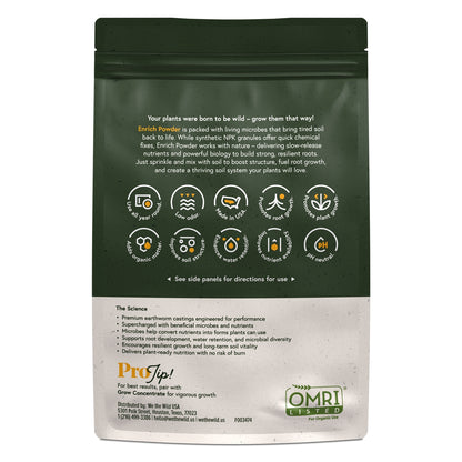 The back of a dark green and white resealable pouch of Enrich Powder plant growth promoter, featuring product benefits, application icons, scientific text, and the ProTip and OMRI logos.