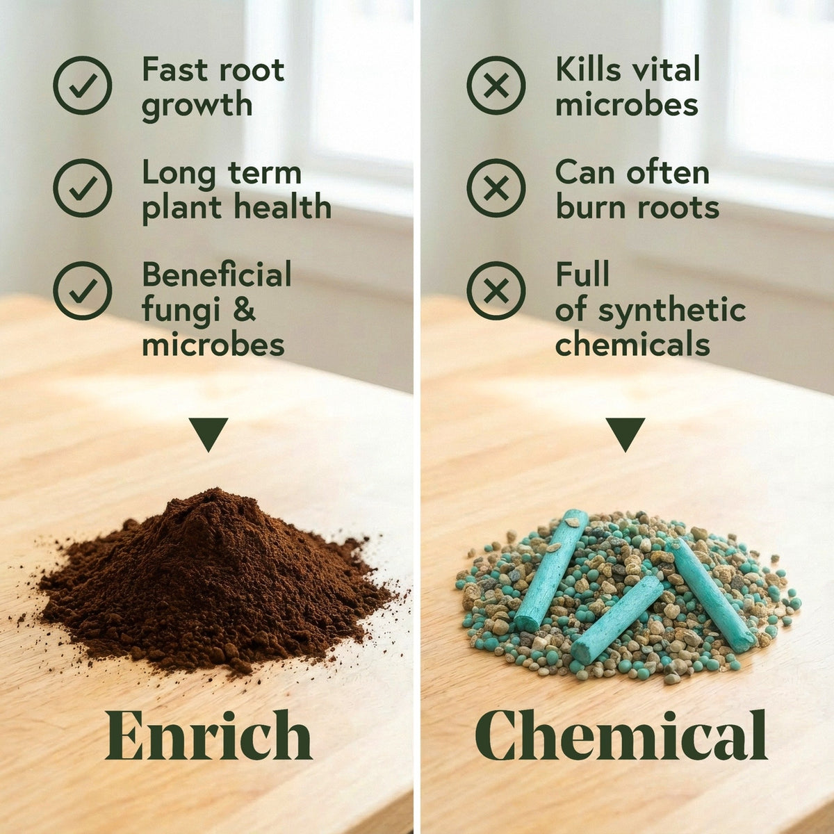 Comparison of enriching vs chemical soil amendments on a wooden surface.