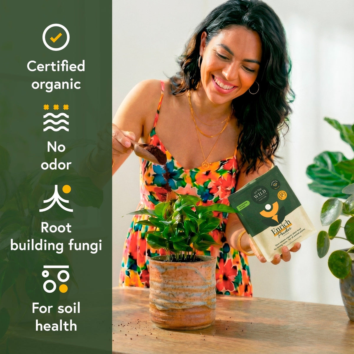 Woman holding a package of organic soil amendment next to a potted plant, with certification icons on the left.