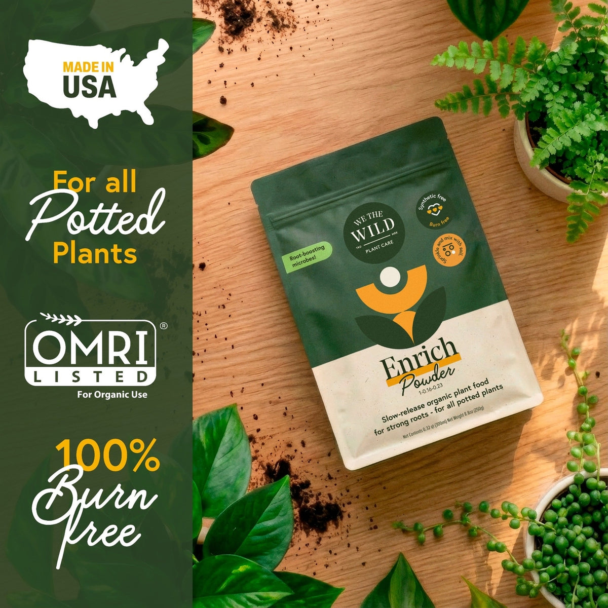 Enrich Powder packaging for potted plants on a wooden surface with plants and OMRI Listed logo.