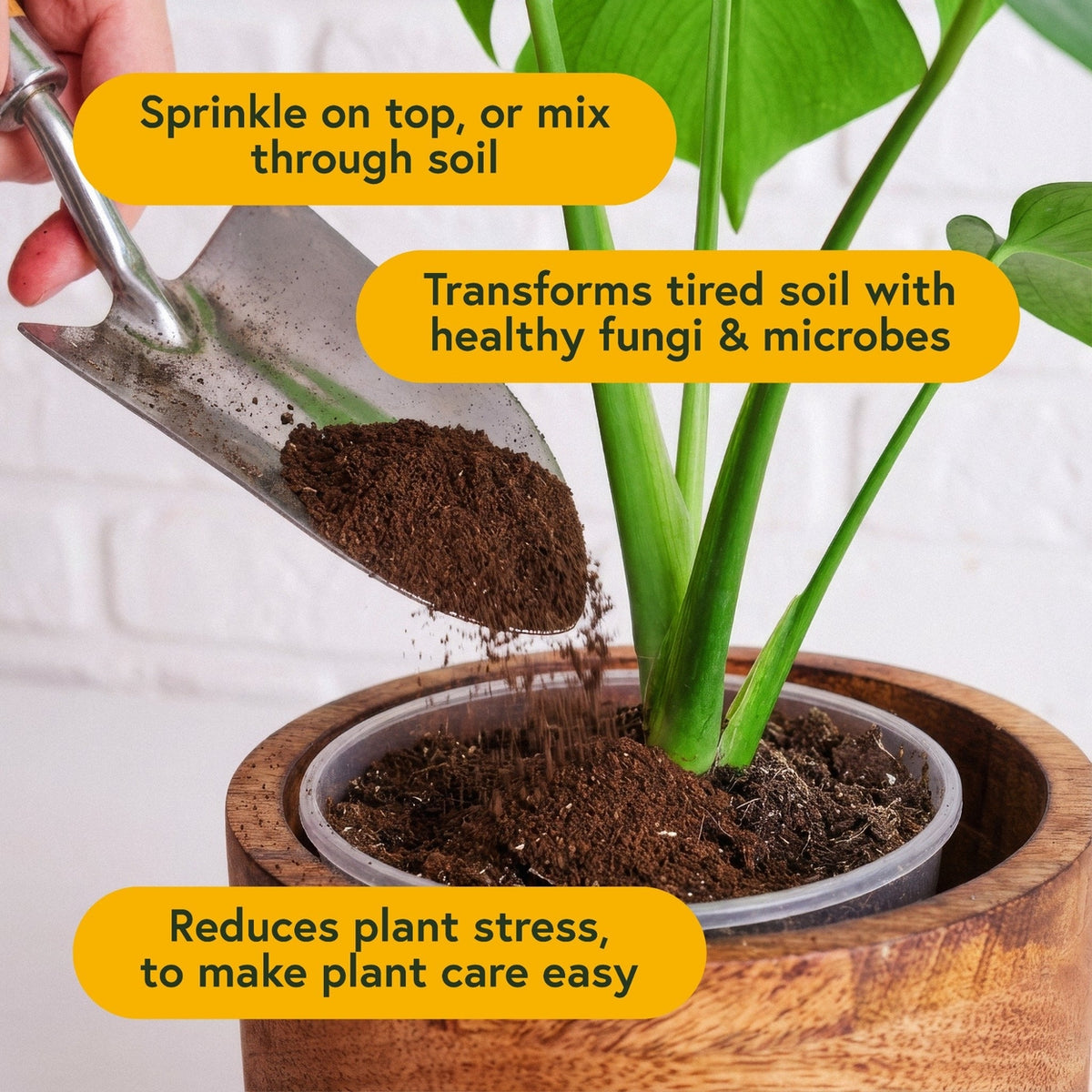 Person using a trowel to add soil to a potted plant with text about plant care benefits.