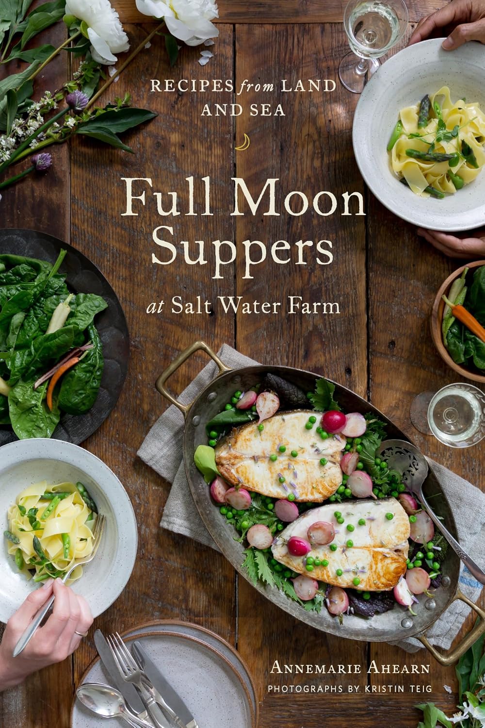 Book cover of 'Full Moon Suppers at Salt Water Farm' with food and table setting.