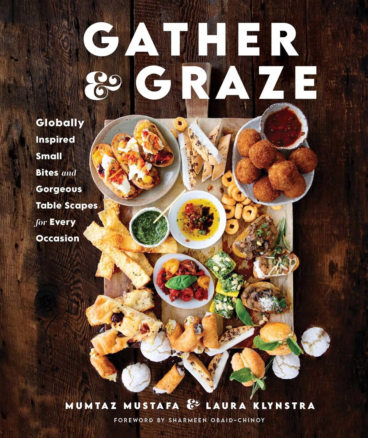 Book cover of 'Gather & Graze' with food images on a wooden background