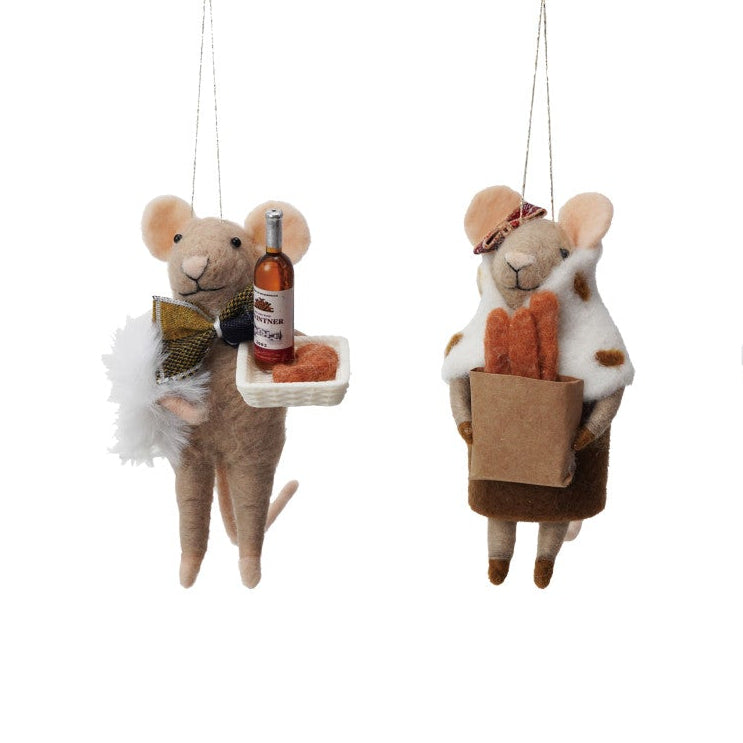 Two decorative mouse ornaments with different poses and accessories on a white background