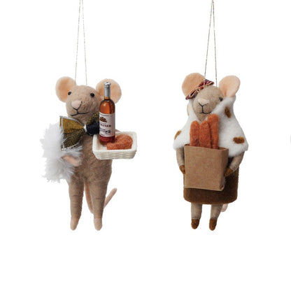 Two decorative mouse ornaments with different poses and accessories on a white background