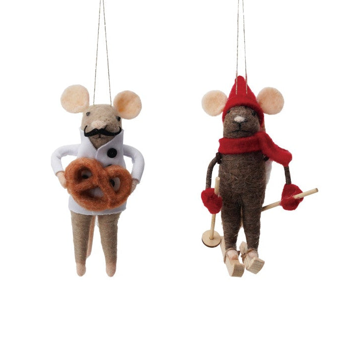 Two decorative mouse ornaments with different poses and accessories on a white background
