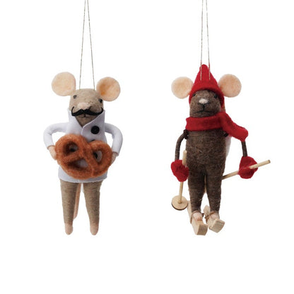 Two decorative mouse ornaments with different poses and accessories on a white background