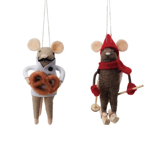 Two decorative mouse ornaments with different poses and accessories on a white background