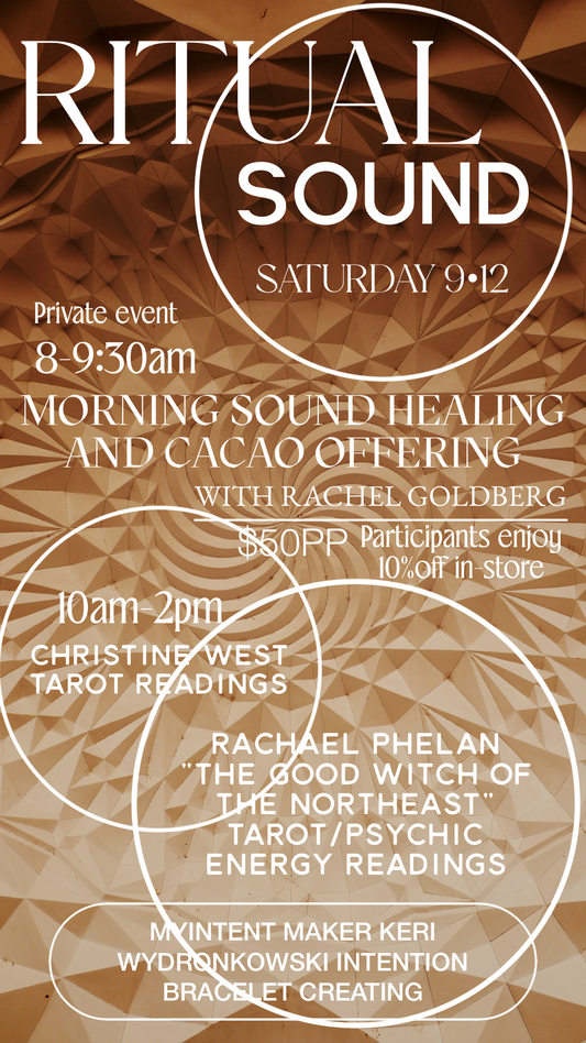 A brown and beige geometric patterned flyer for a 'Ritual Sound' private event. The flyer features white text detailing the 'Morning Sound Healing and Cacao Offering' with Rachel Goldberg, and 'Christine West Tarot Readings' with Rachel Phelan and Keri Wydronkowski.