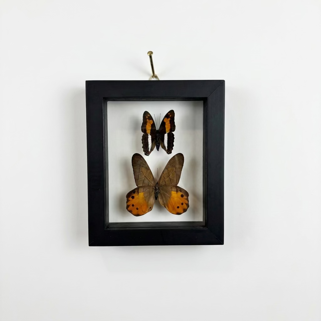 A black square shadow box frame hanging on a white wall, containing three preserved butterfly and moth specimens with orange, black, and brown wings.